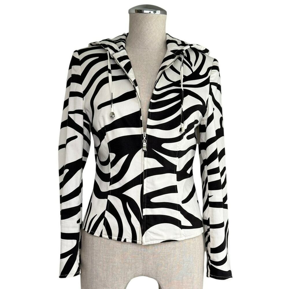 Vintage 90s Y2K Zebra Print Hooded Jacket Zip Front Sandra Petite Size 4 Retro